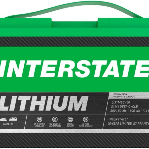 Interstate Batteries 36V 50Ah Group Size 31M Lithium Marine/RV Deep Cycle LiFePO4 Battery, Maintenance Free, Lightweight, Ideal For Boats, Trolling Motors, RV Camping, Off-Grid, Yachts (Li31M36V50)